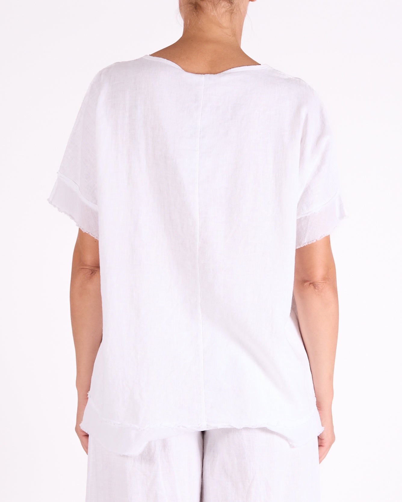 White Scoop Neck Raw Edge Hem Trim Top