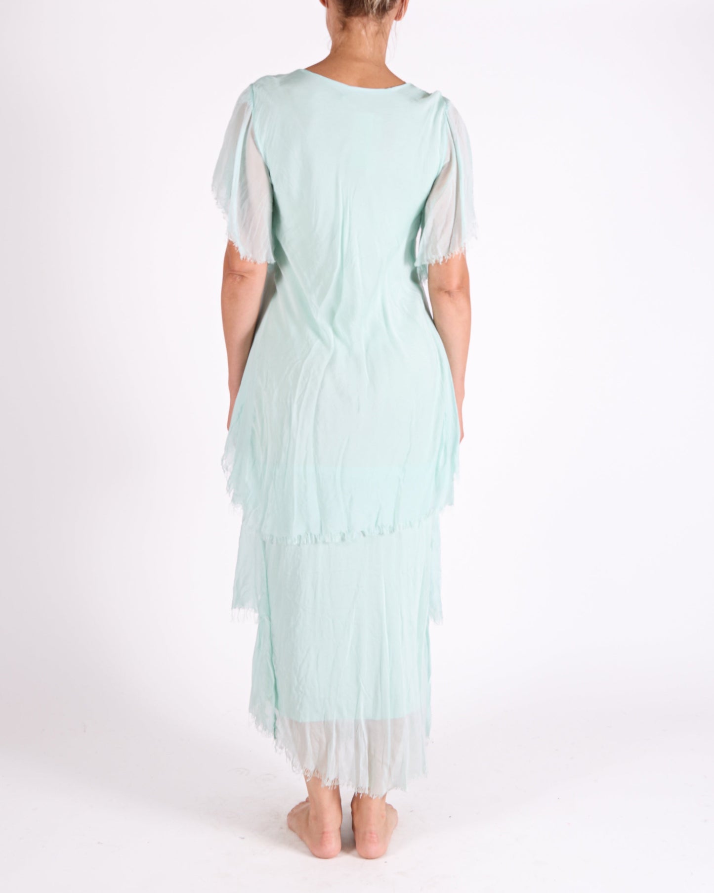 Seafoam Short Sleeve Raw Edge Multi Layer Sequin Neck Trim Maxi Dress