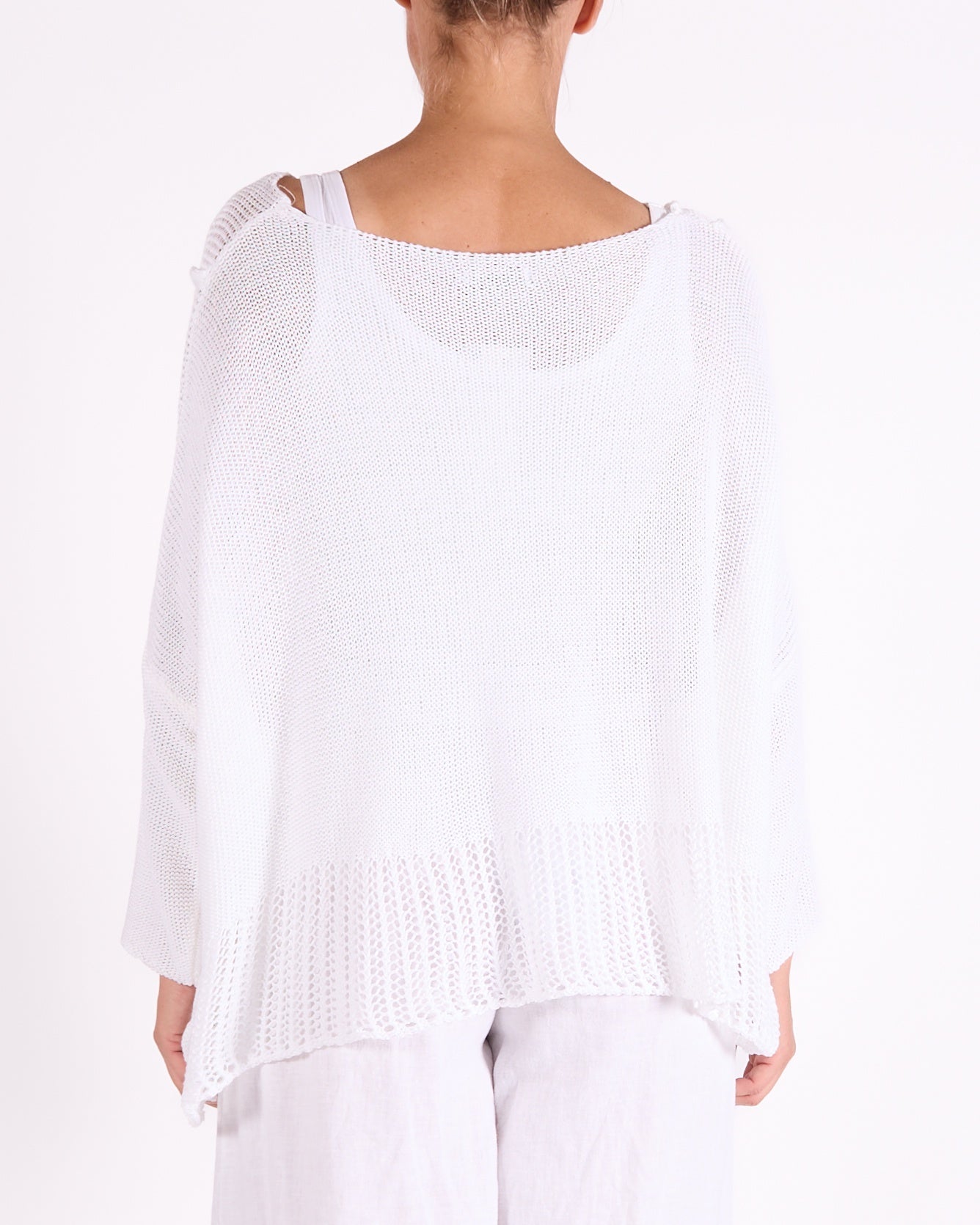 White Open Neck Hi Low Triple Combo Drop Shoulder Knit Sweater