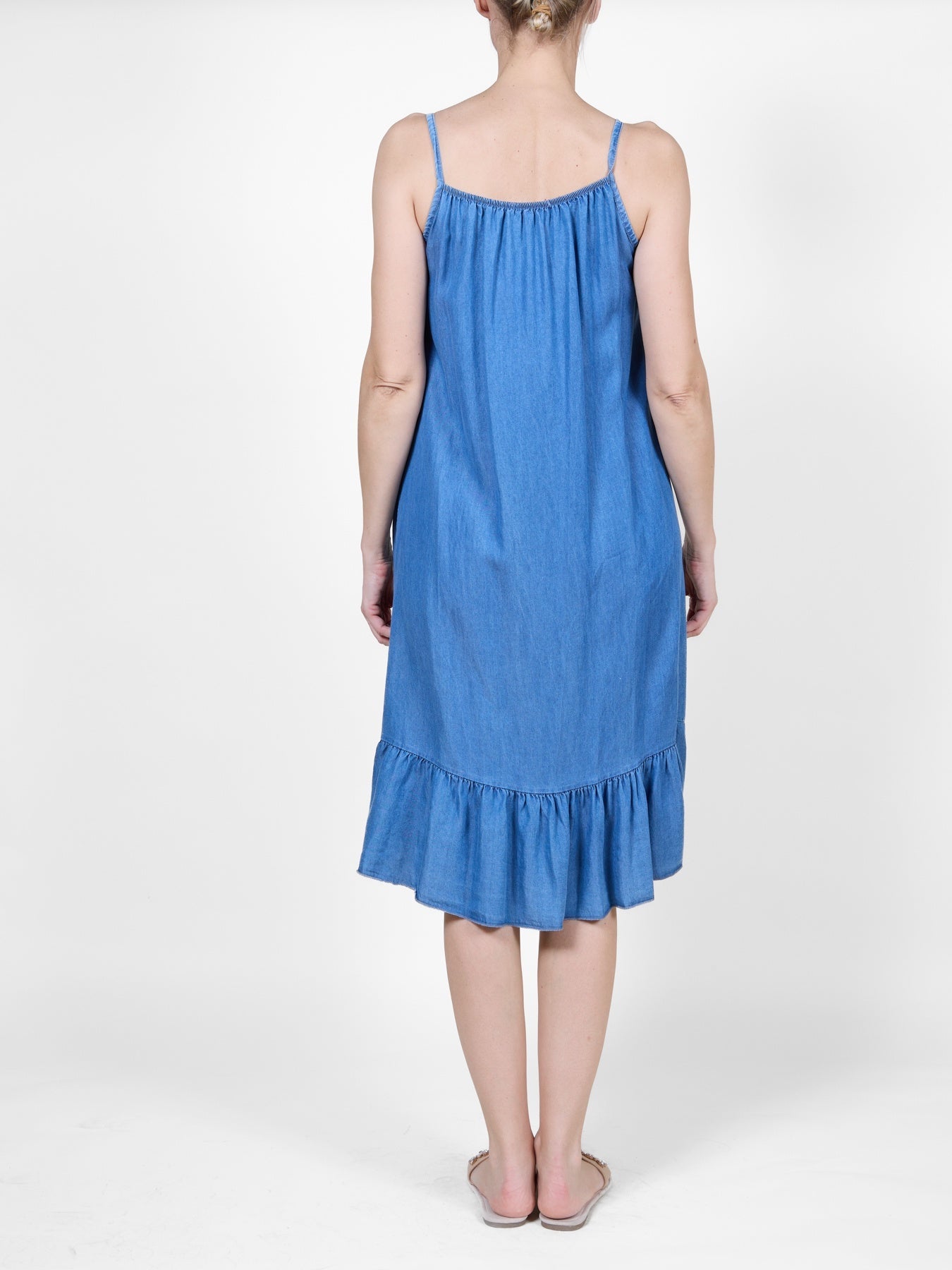Dark Denim Midi Dress with Spaghetti Straps and Ruffle Hem