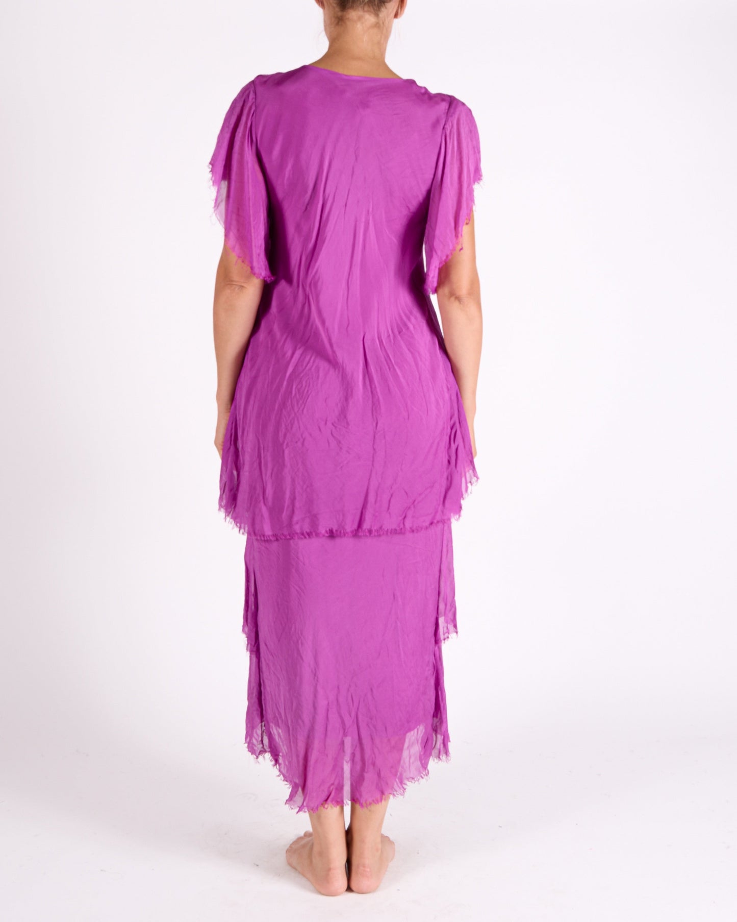 Magenta Short Sleeve Raw Edge Multi Layer Sequin Neck Trim Maxi Dress