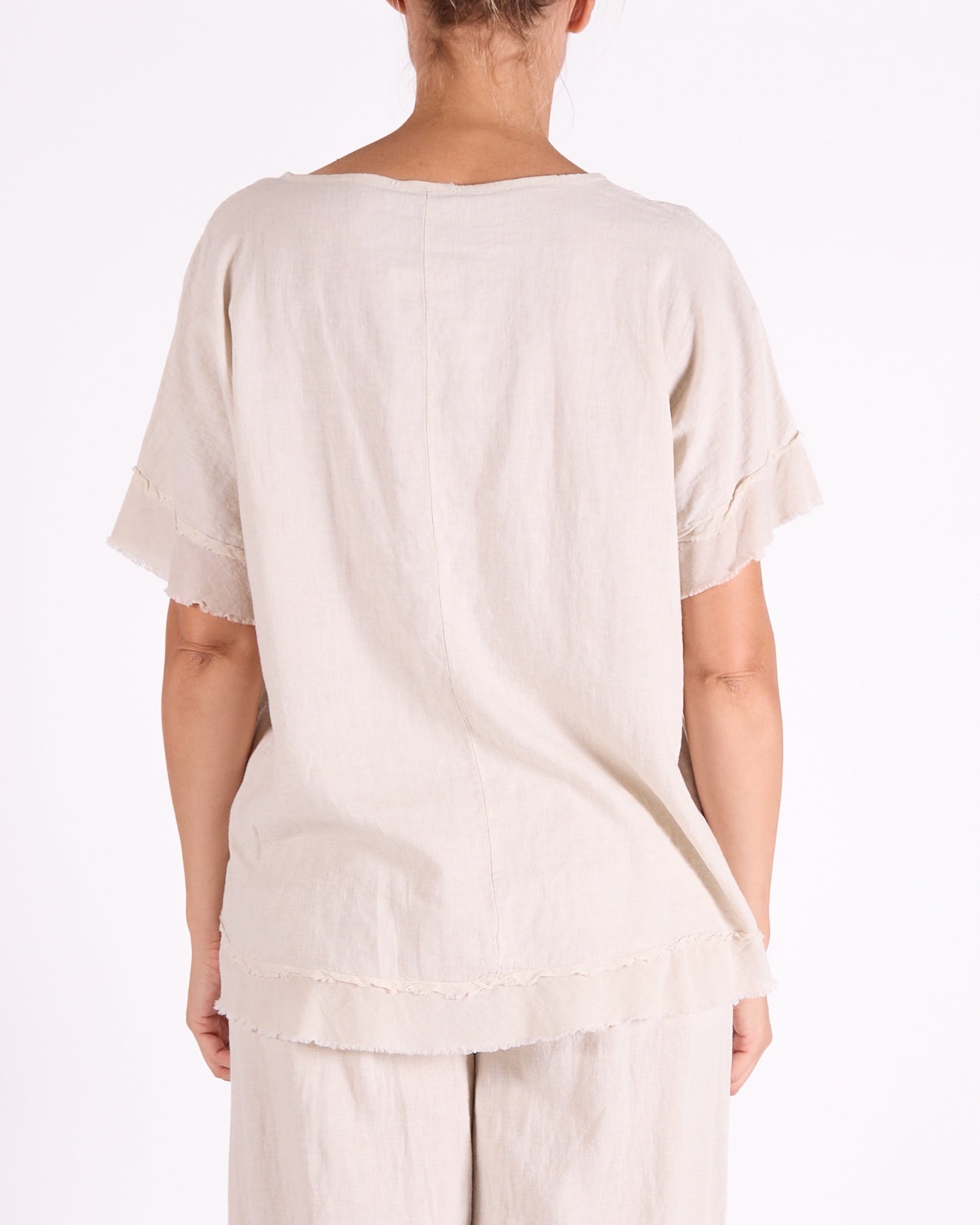 Sand Scoop Neck Raw Edge Hem Trim Top