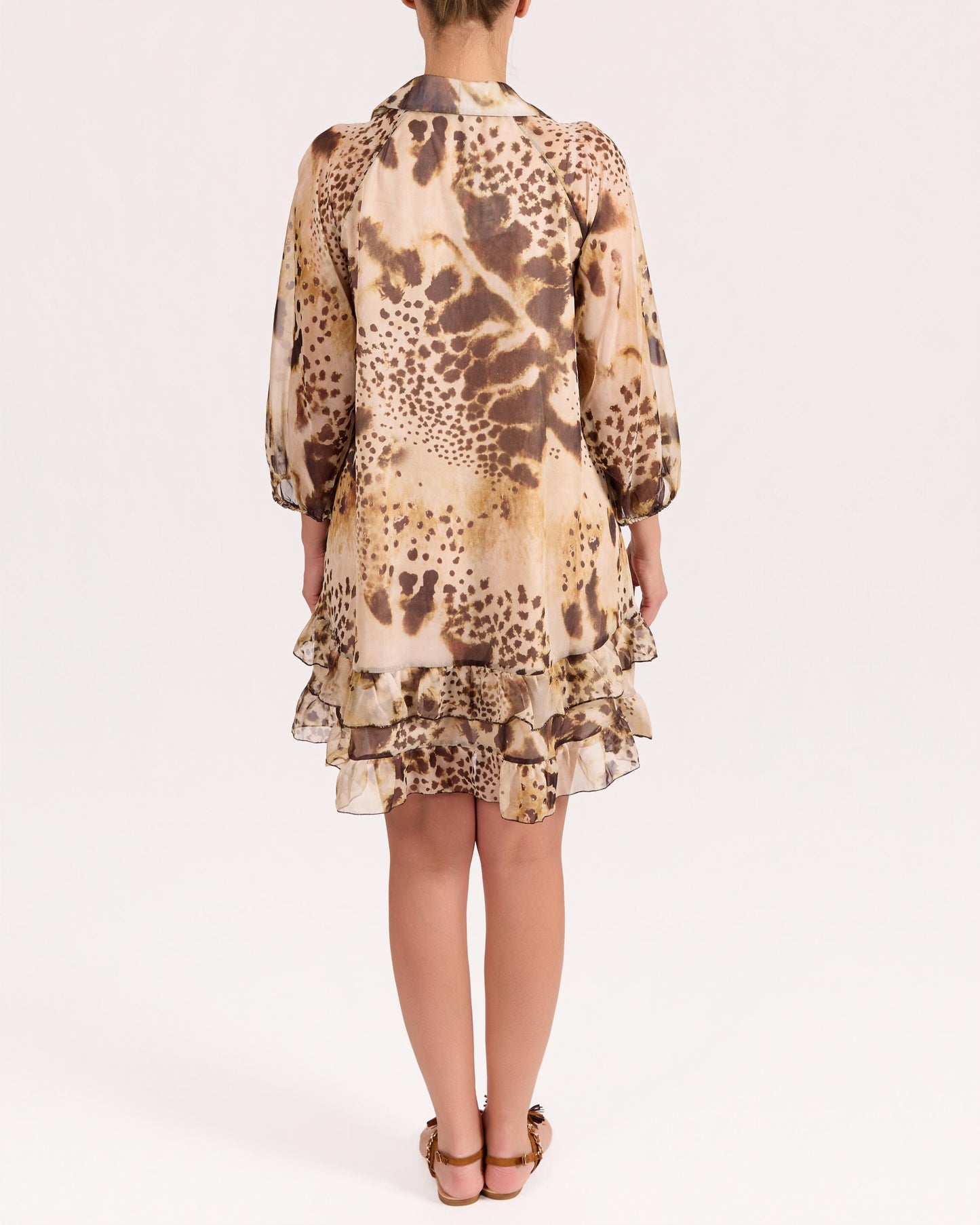 Robe espresso à imprimé animal doublée à manches longues avec boutons à l’avant