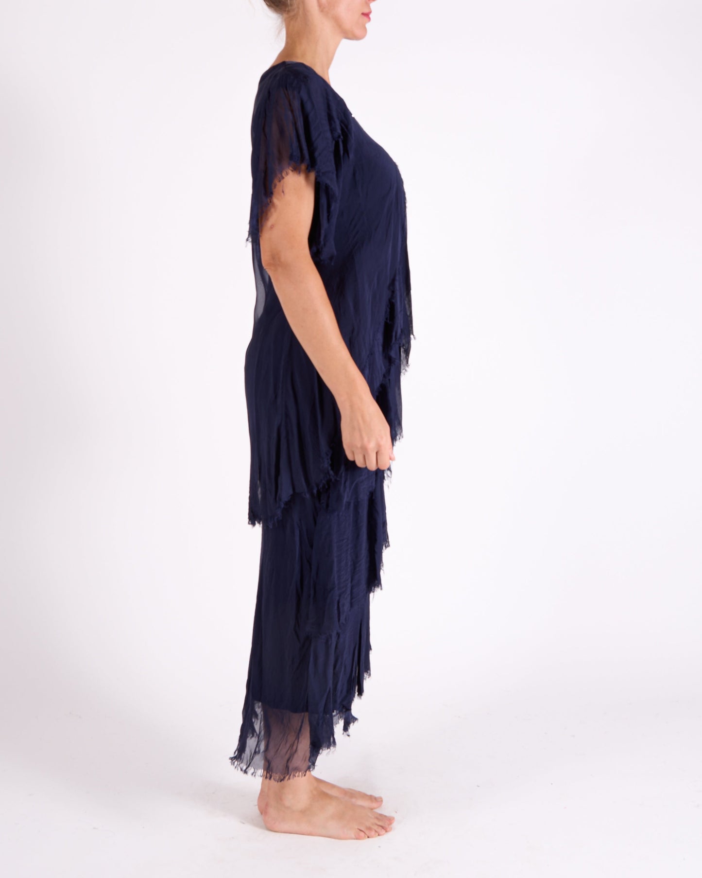 Midnight Short Sleeve Raw Edge Multi Layer Sequin Neck Trim Maxi Dress