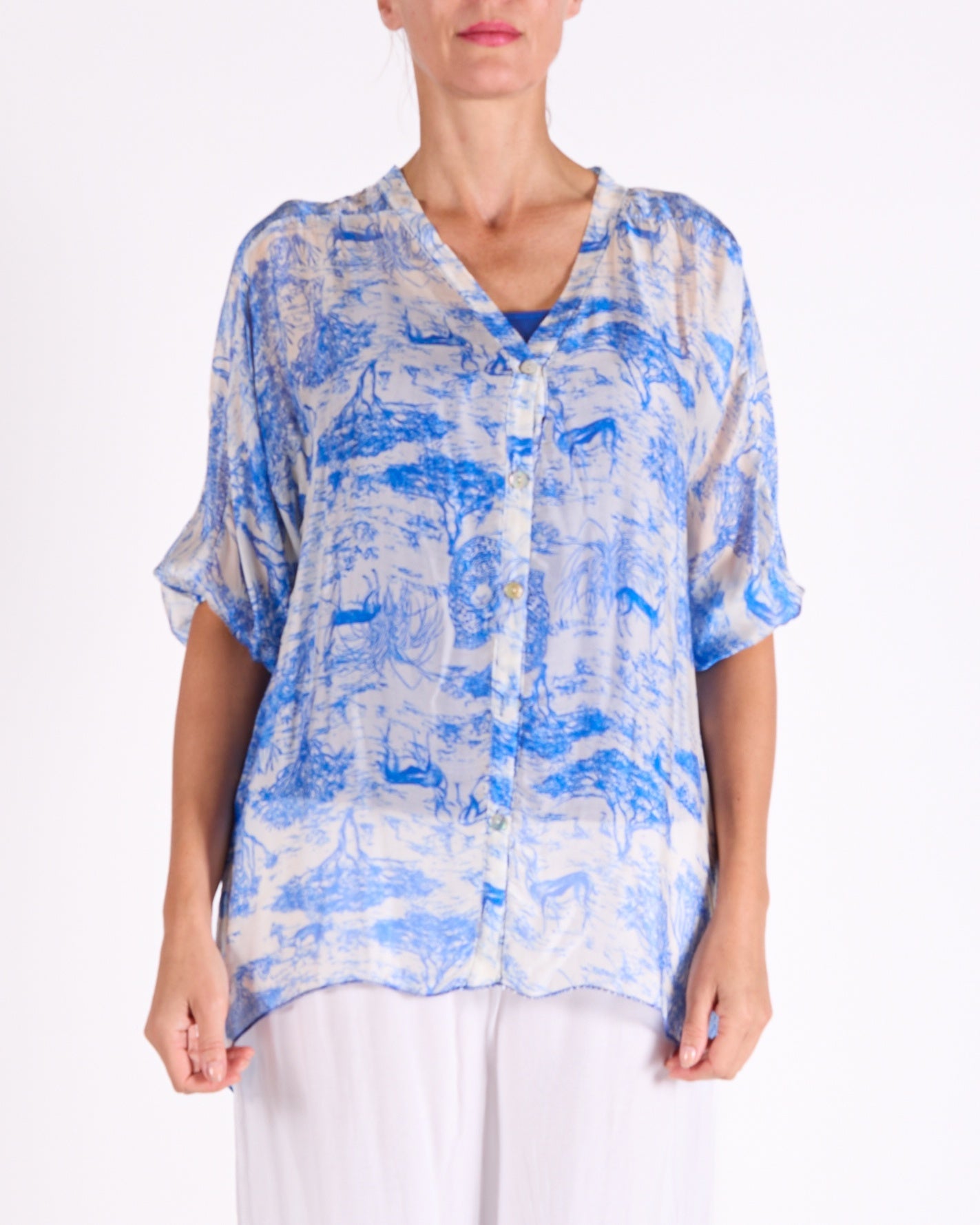 Peacock 2 Piece Garden Print Roll up Sleeve Blouse