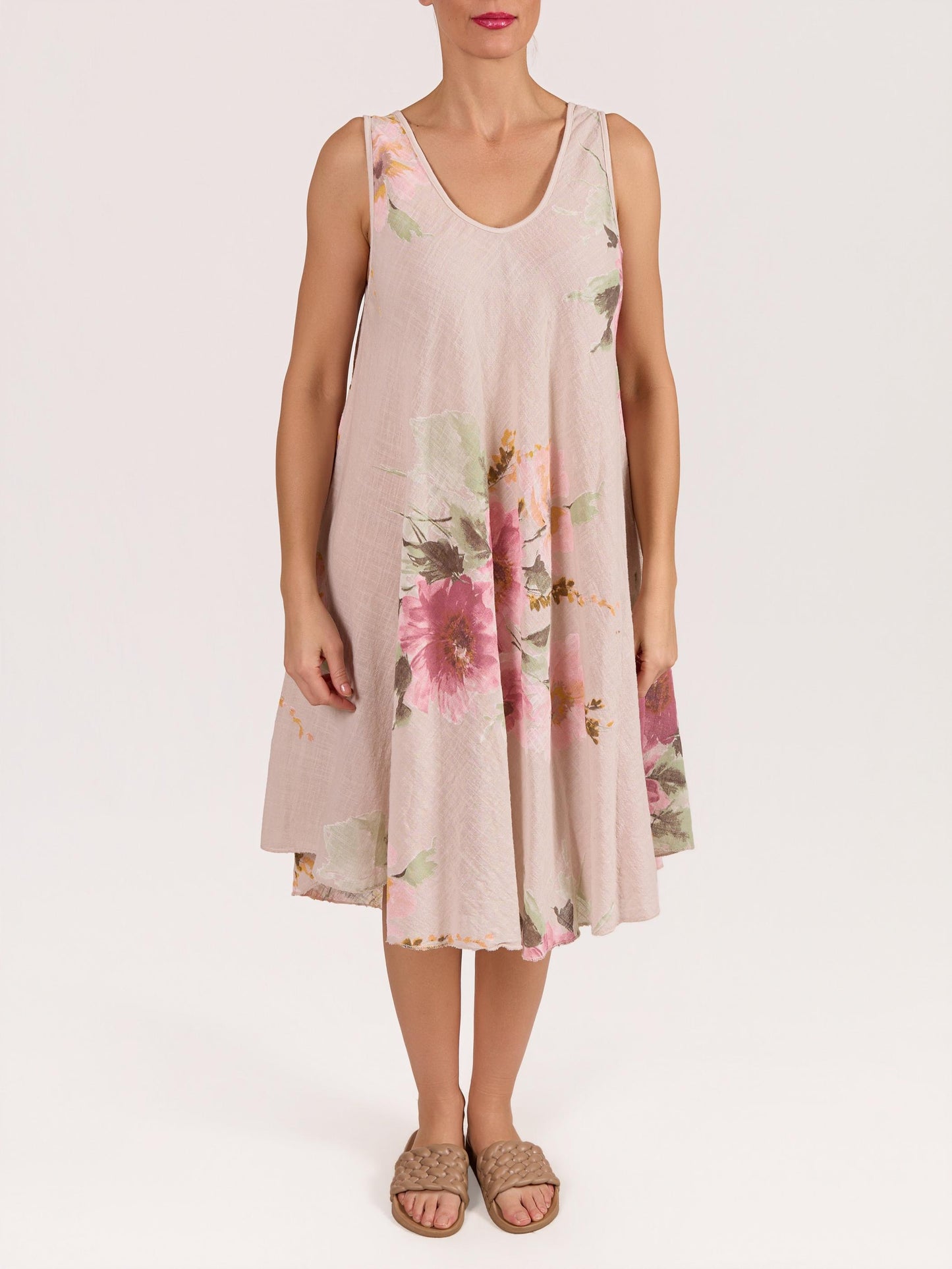 Robe Beige Sans Manches Évasée Ligne A à Imprimé Floral