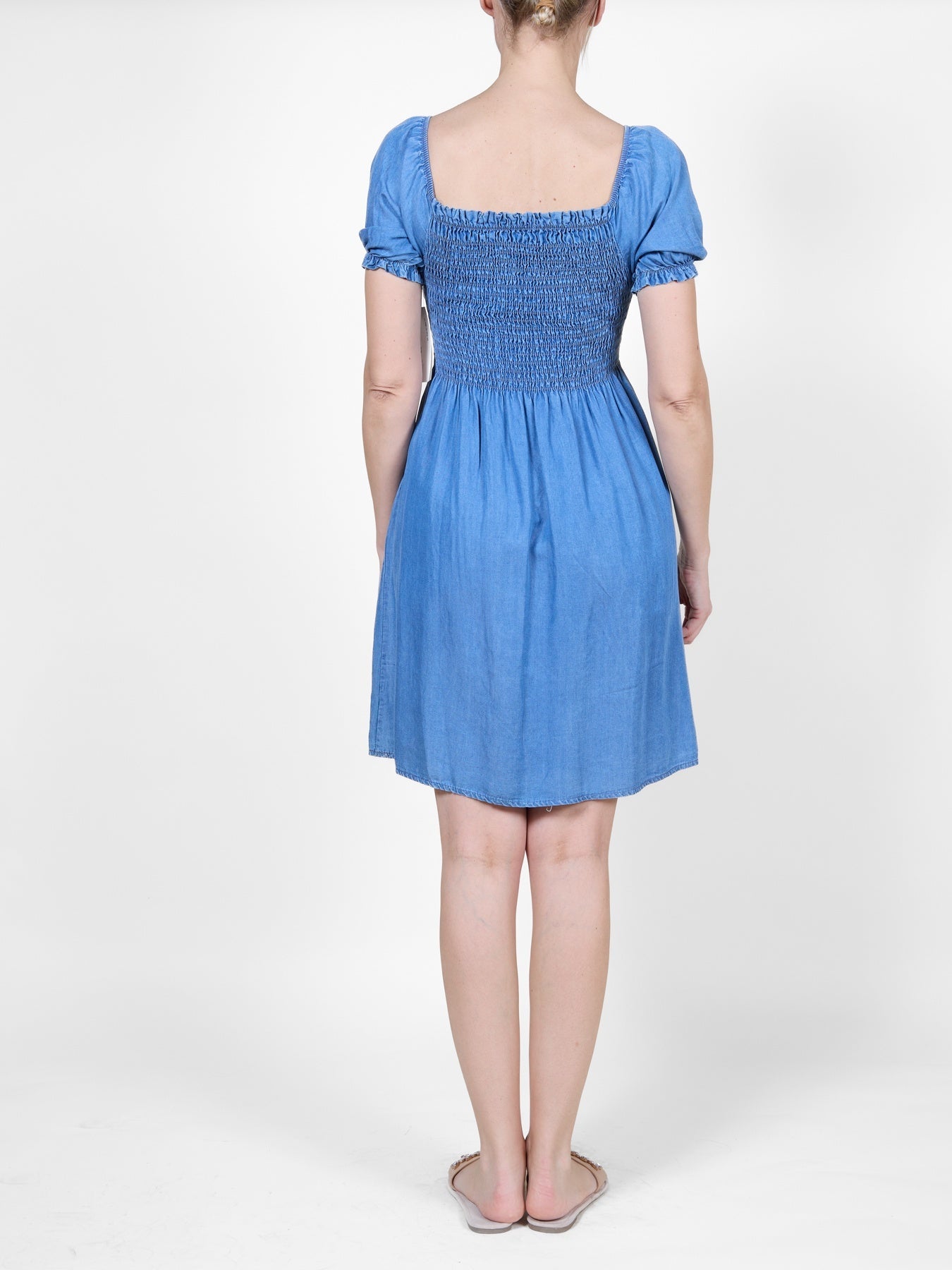 Dark Denim Dress with Stretch Bust and Poof Sleeves