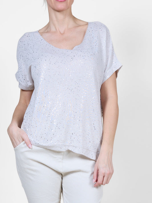 Haut à manches courtes et col en V couleur sable scintillant