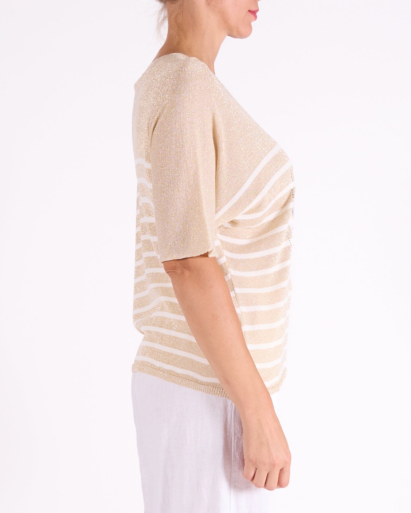 Gold Lurex Multi Stripe Triple Feather V Neck T-Shirt