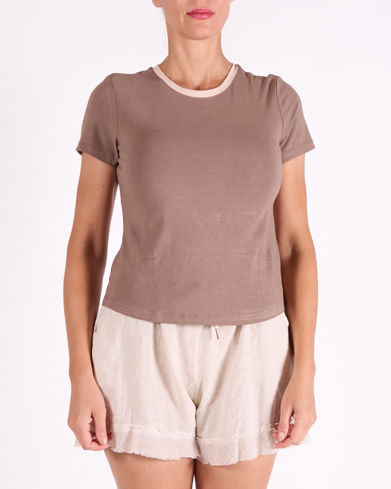 Khaki Crew Neck Contrast Neckline T-Shirt