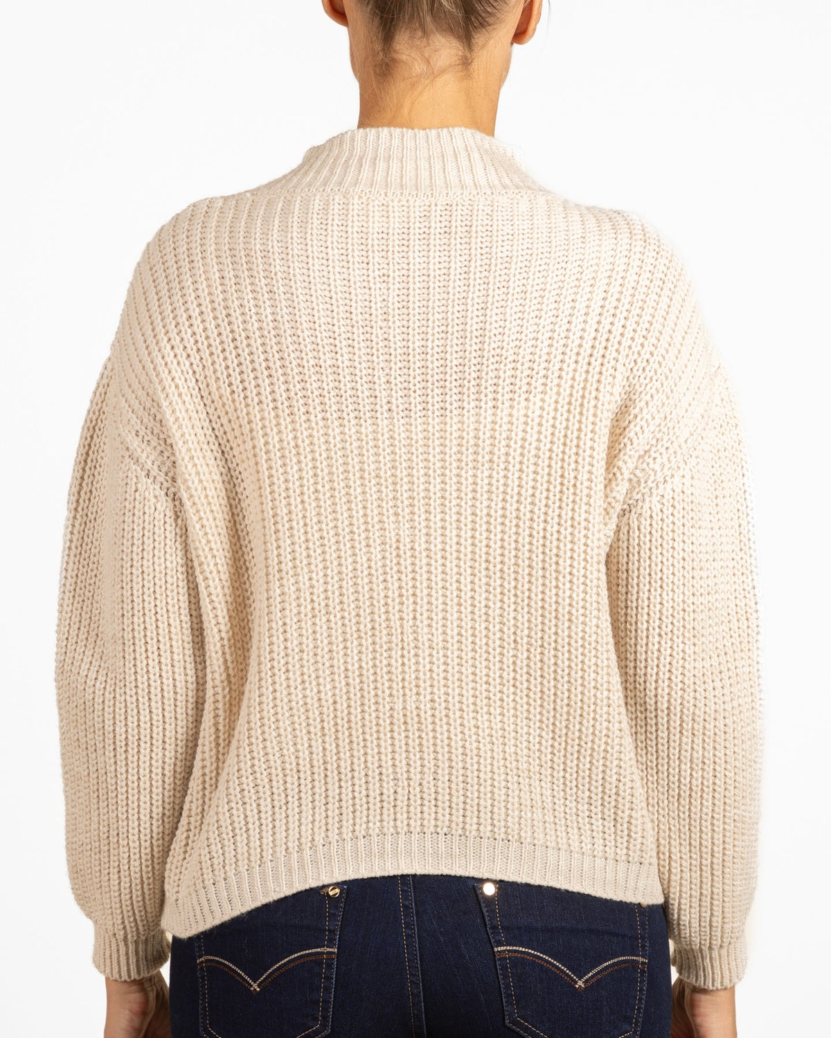 Beige Mock Neck Gold Foil Front Box Fit Sweater