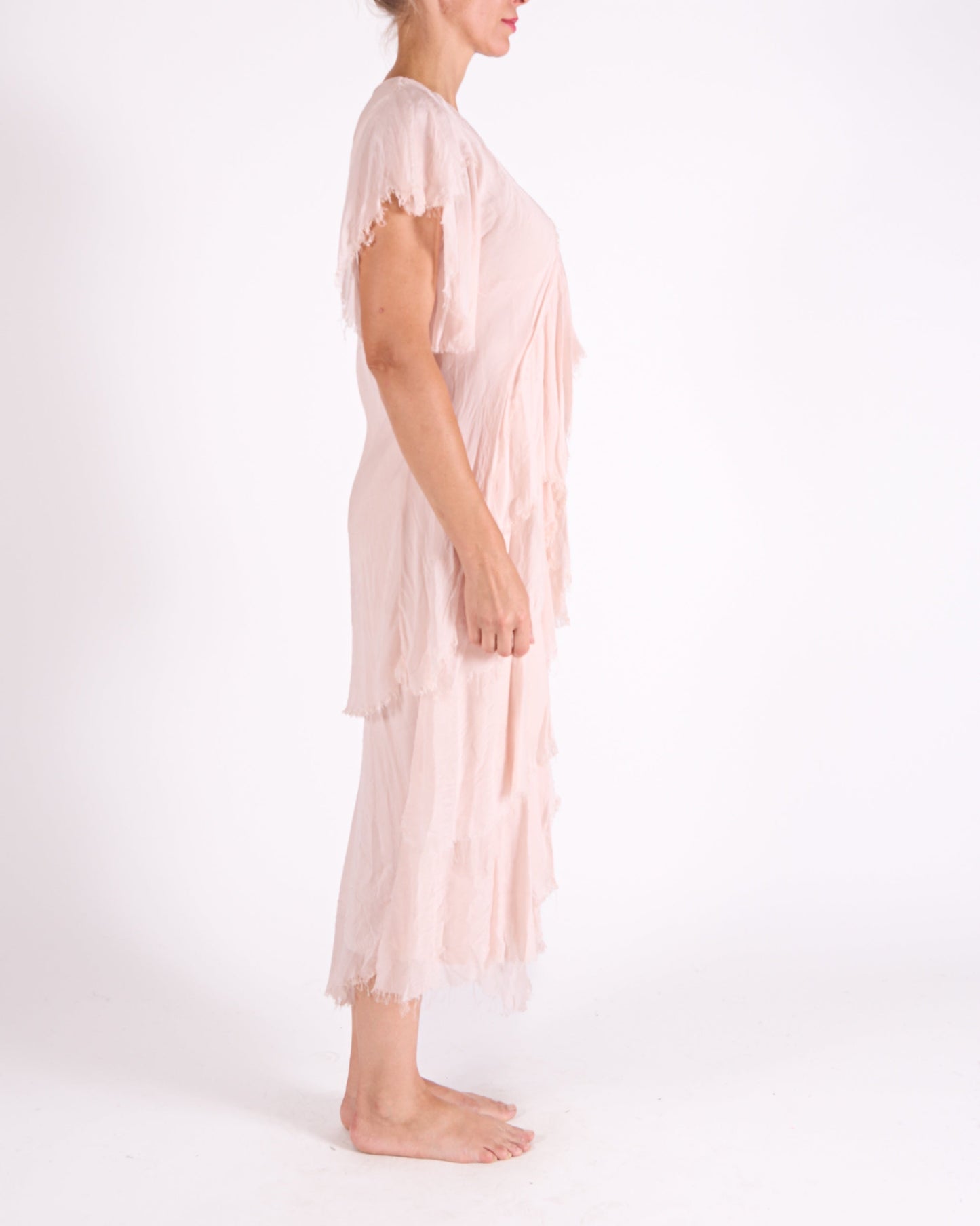 Carnation Short Sleeve Raw Edge Multi Layer Sequin Neck Trim Maxi Dress