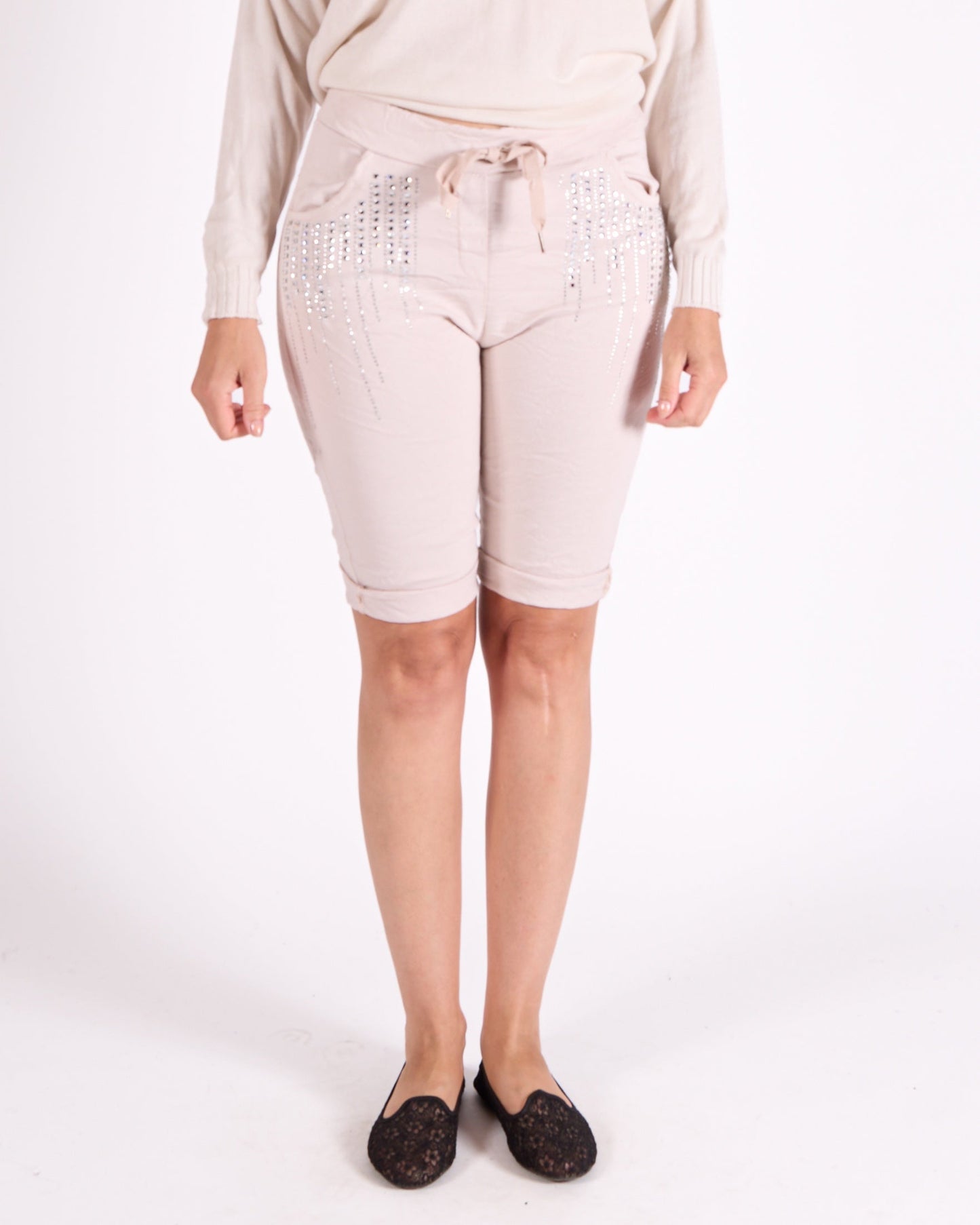 Beige Pull On Studded Rhinestone Pocket Detail Bermuda Shorts