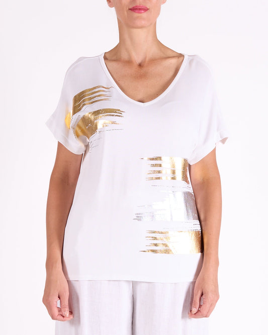 White Short Sleeve Gold & Silver Foil Studed T-Shirt