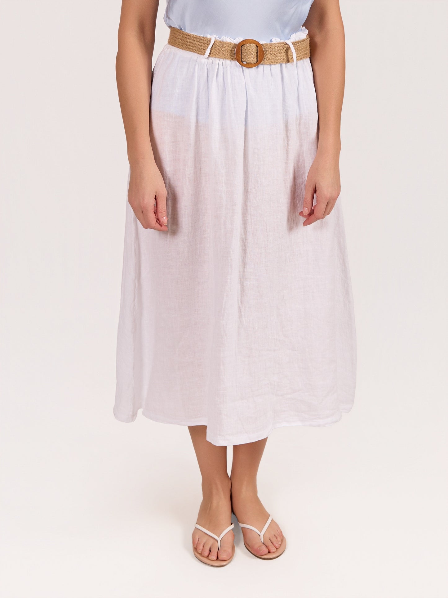 Jupe Évasée Blanche à Taille Élastique avec Ceinture