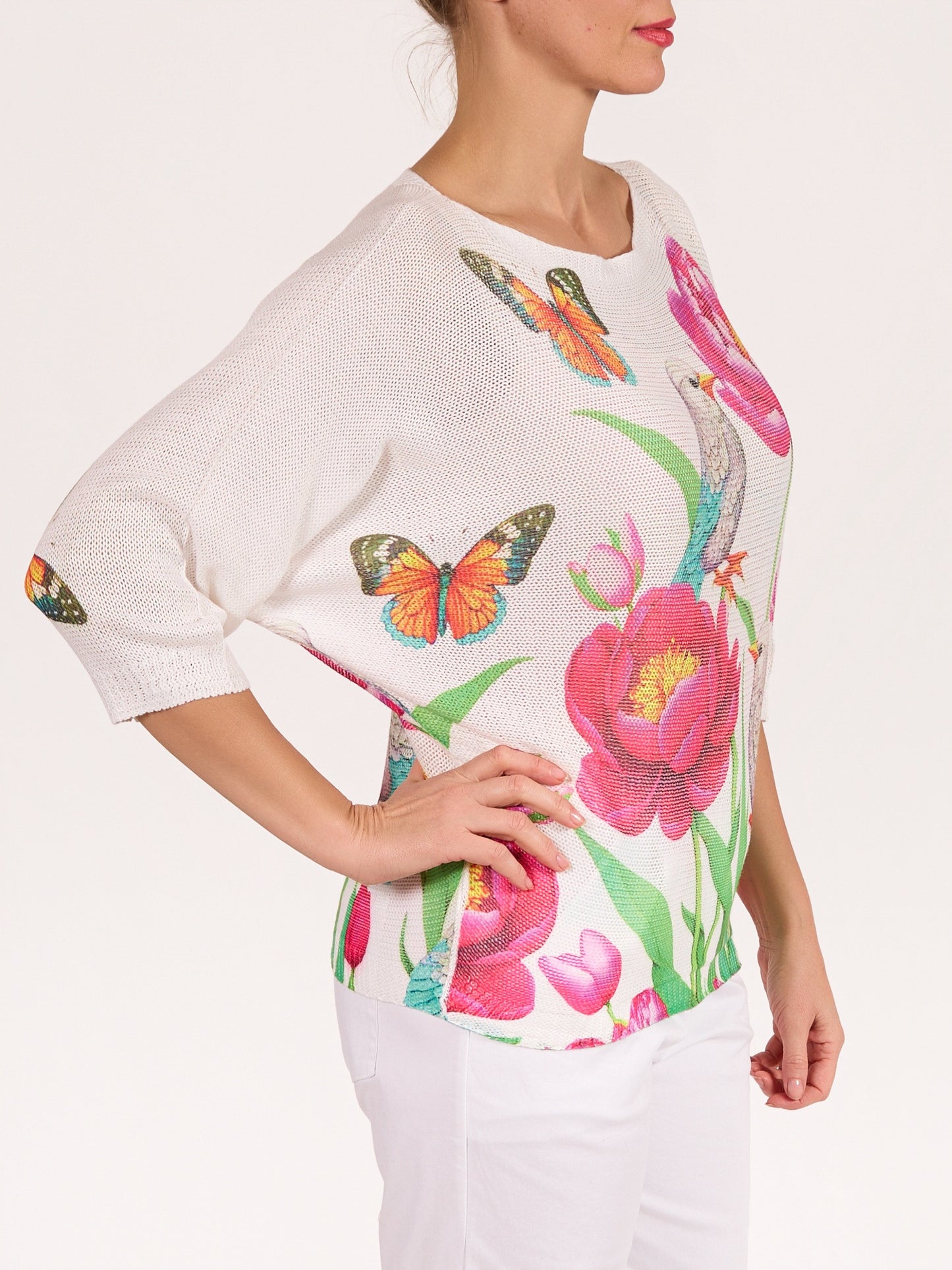 Pullover blanc à encolure bateau et manches au coude avec motif floral et oiseau