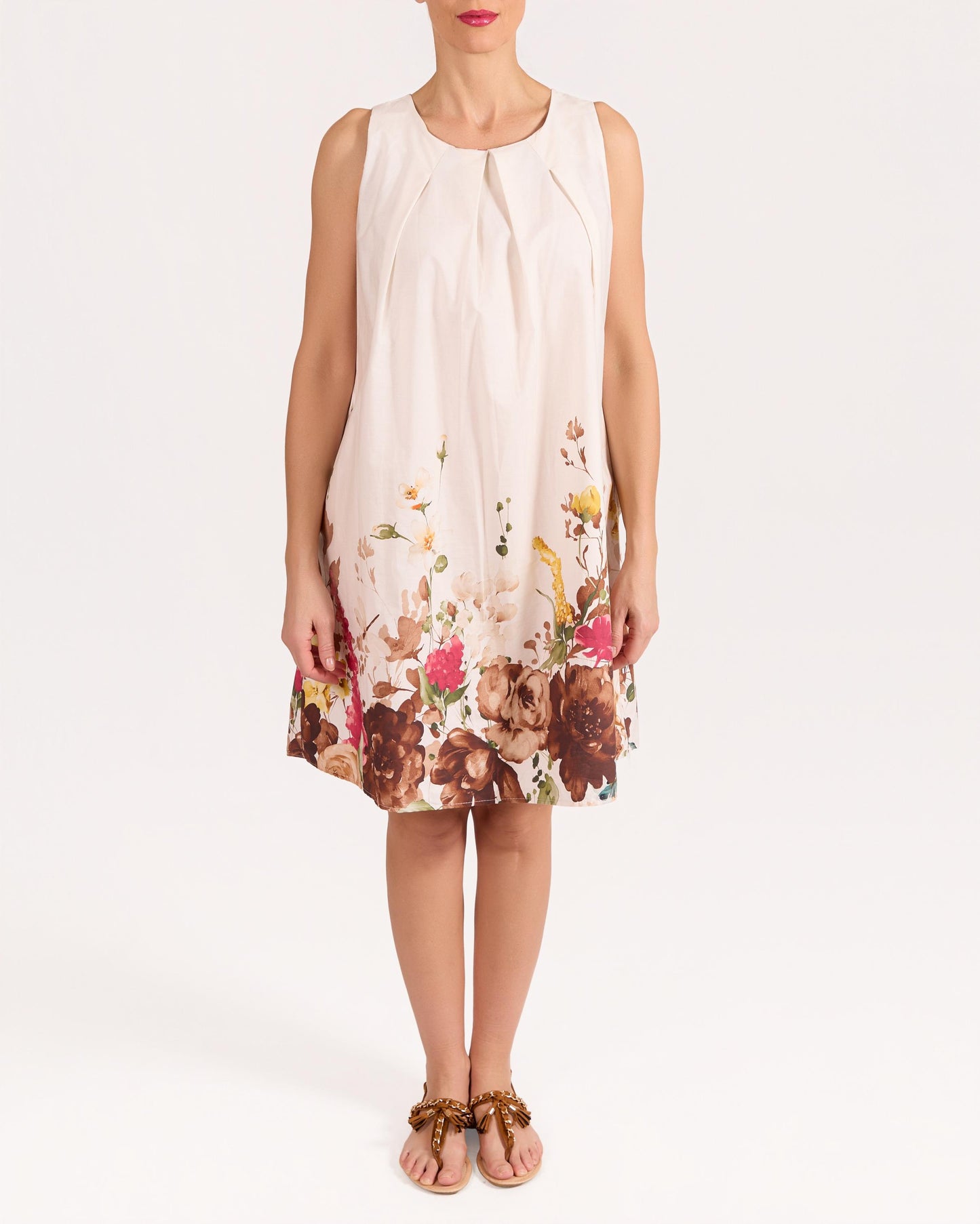 Robe beige sans manches à imprimé floral bordure avec encolure plissée