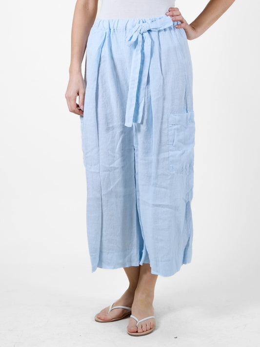 Airy Blue Cropped Flowing Beach Pants with Tie Front
