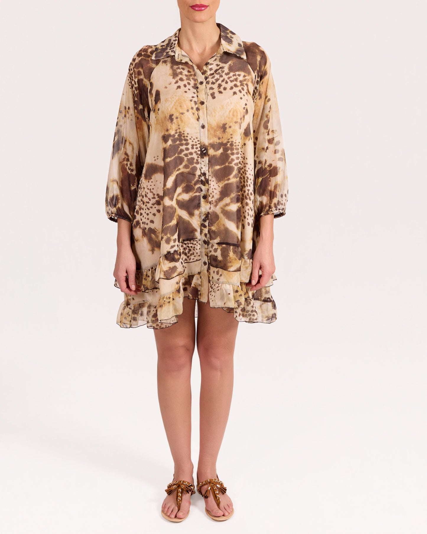 Robe espresso à imprimé animal doublée à manches longues avec boutons à l’avant