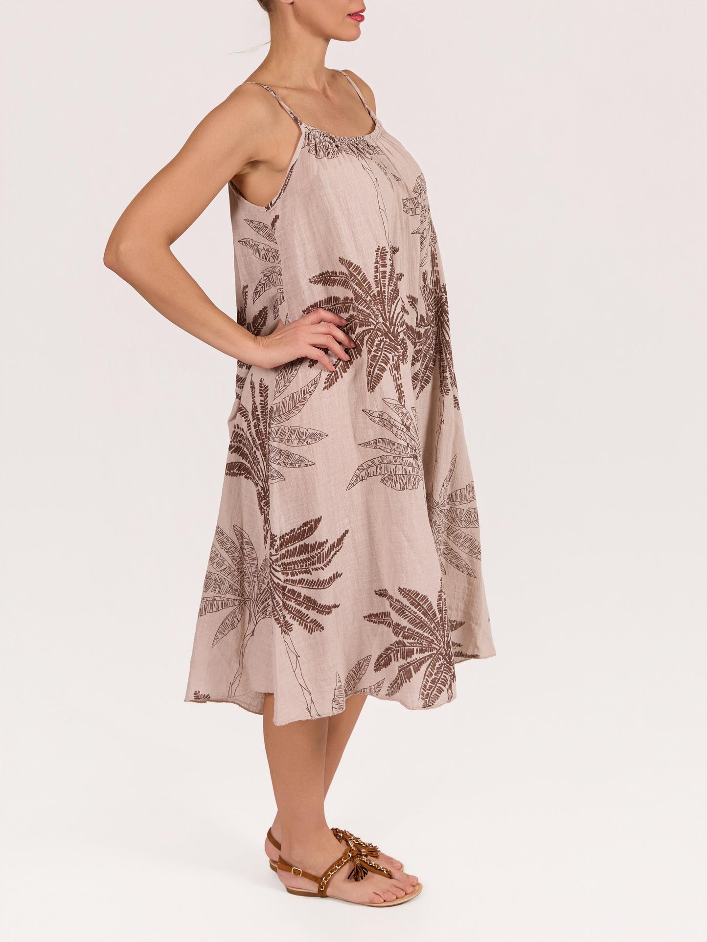 Robe Beige en Gaze à Bretelles Fines avec Imprimé Floral Palmier