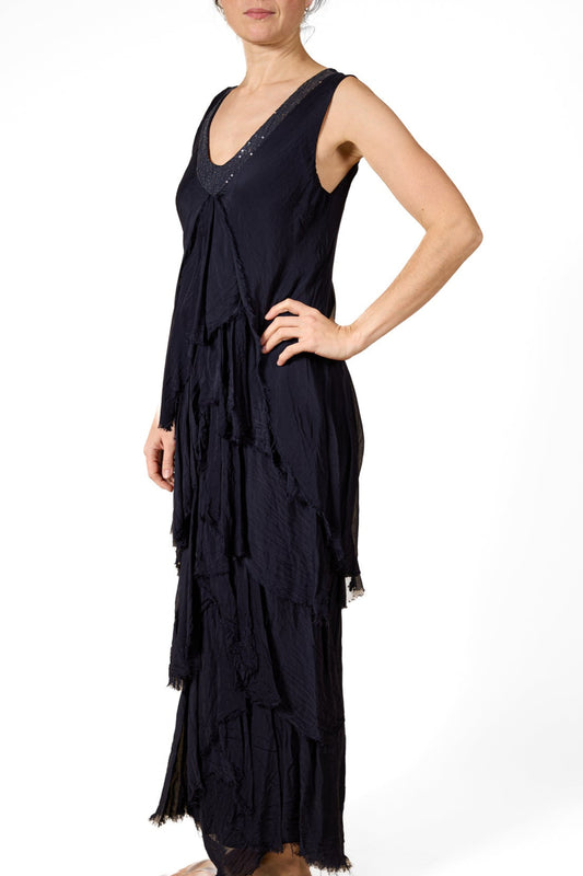 Black Deep V Sequin Neck Sleeveless Maxi Multi Raw Edge Lined Dress