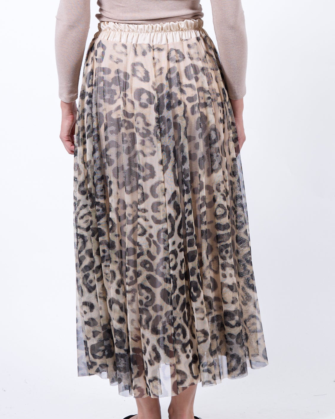 Jupe beige à enfiler, double épaisseur en résille à motif animal.