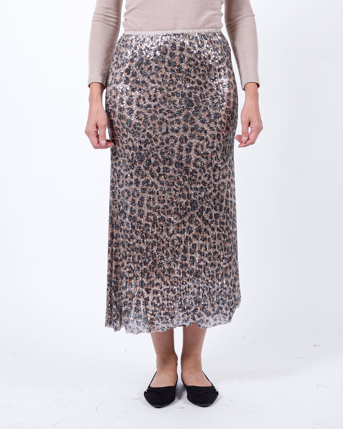 Beige Pull on Leopard Animal Sequin Skirt