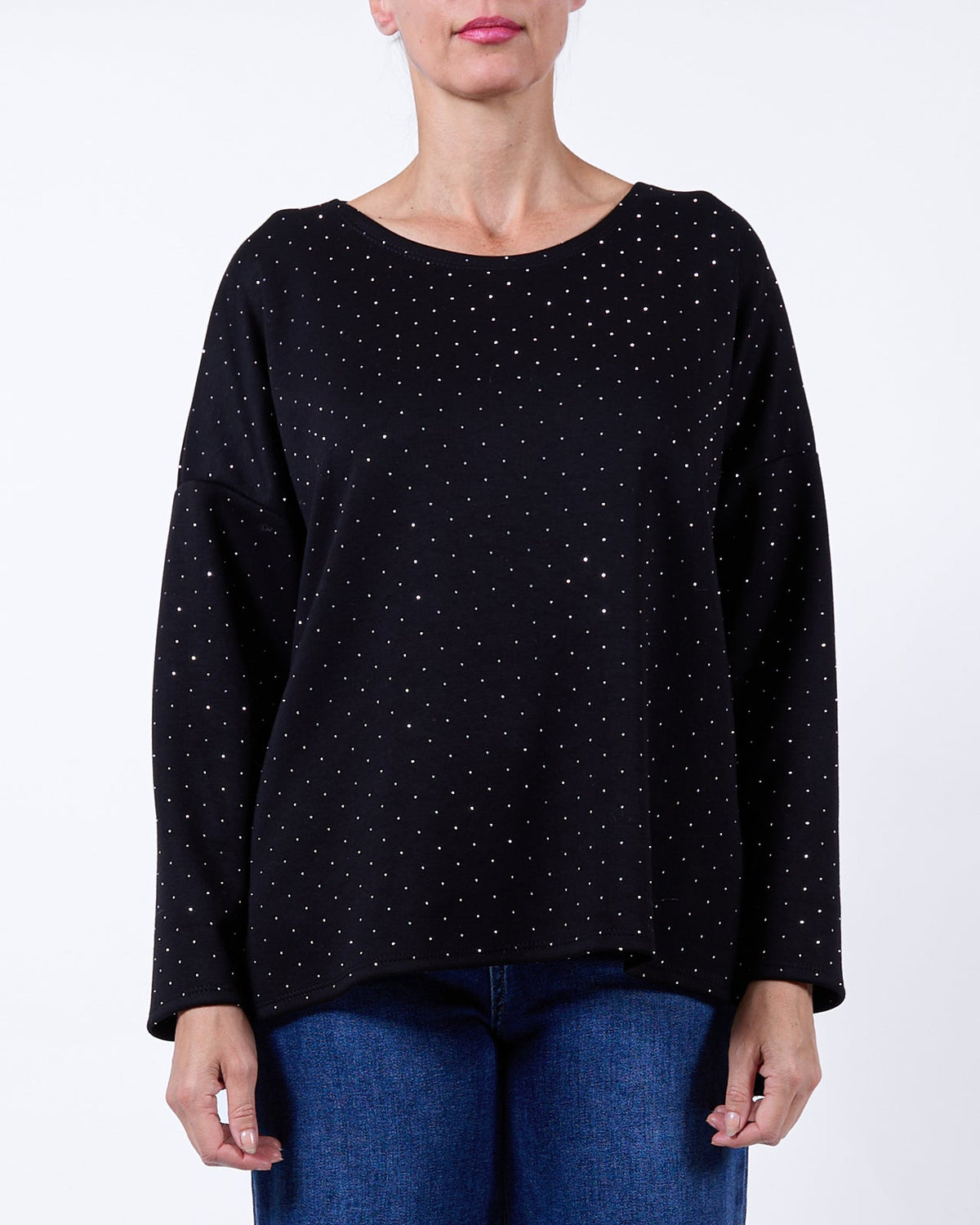 Haut noir à manches longues asymétrique orné de strass
