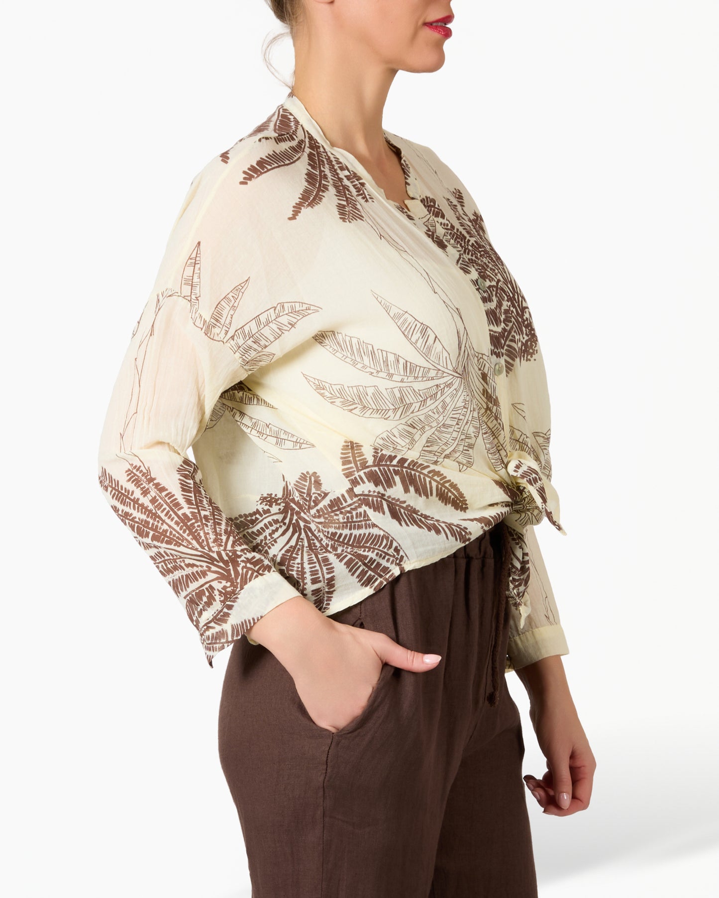 Blouse boutonnée imprimé palmier jaune