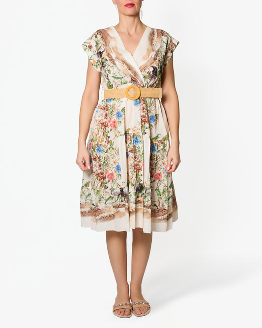 Robe florale campagne ceinturée à manches courtes