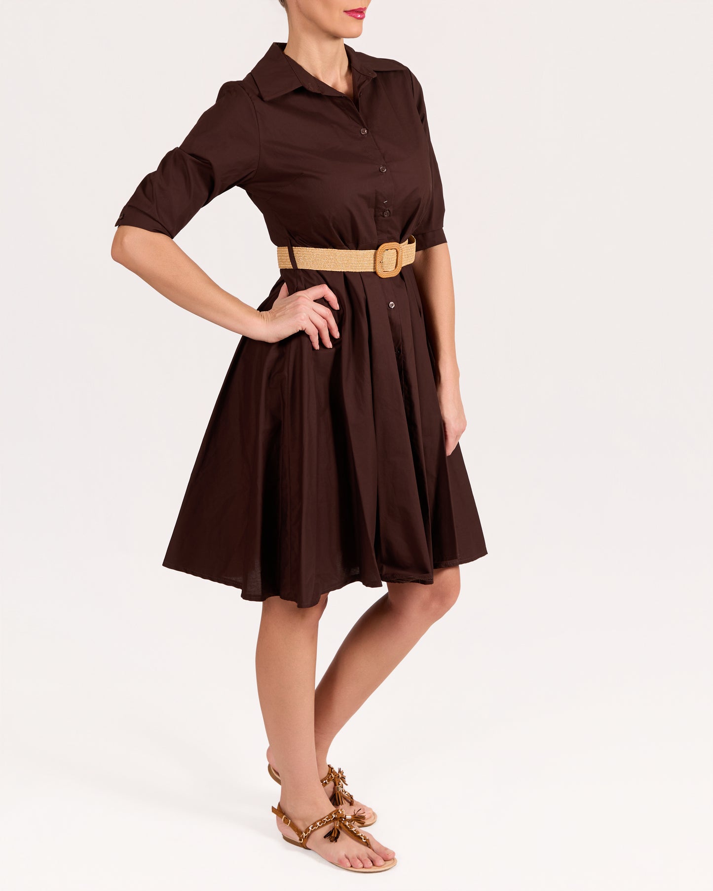 Robe ceinturée espresso à boutons avec col structuré