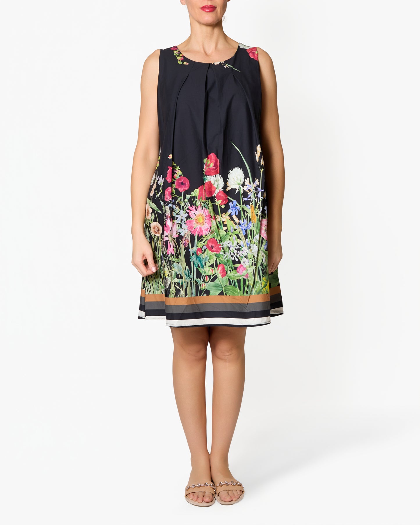 Robe midi noire sans manches avec bas floral