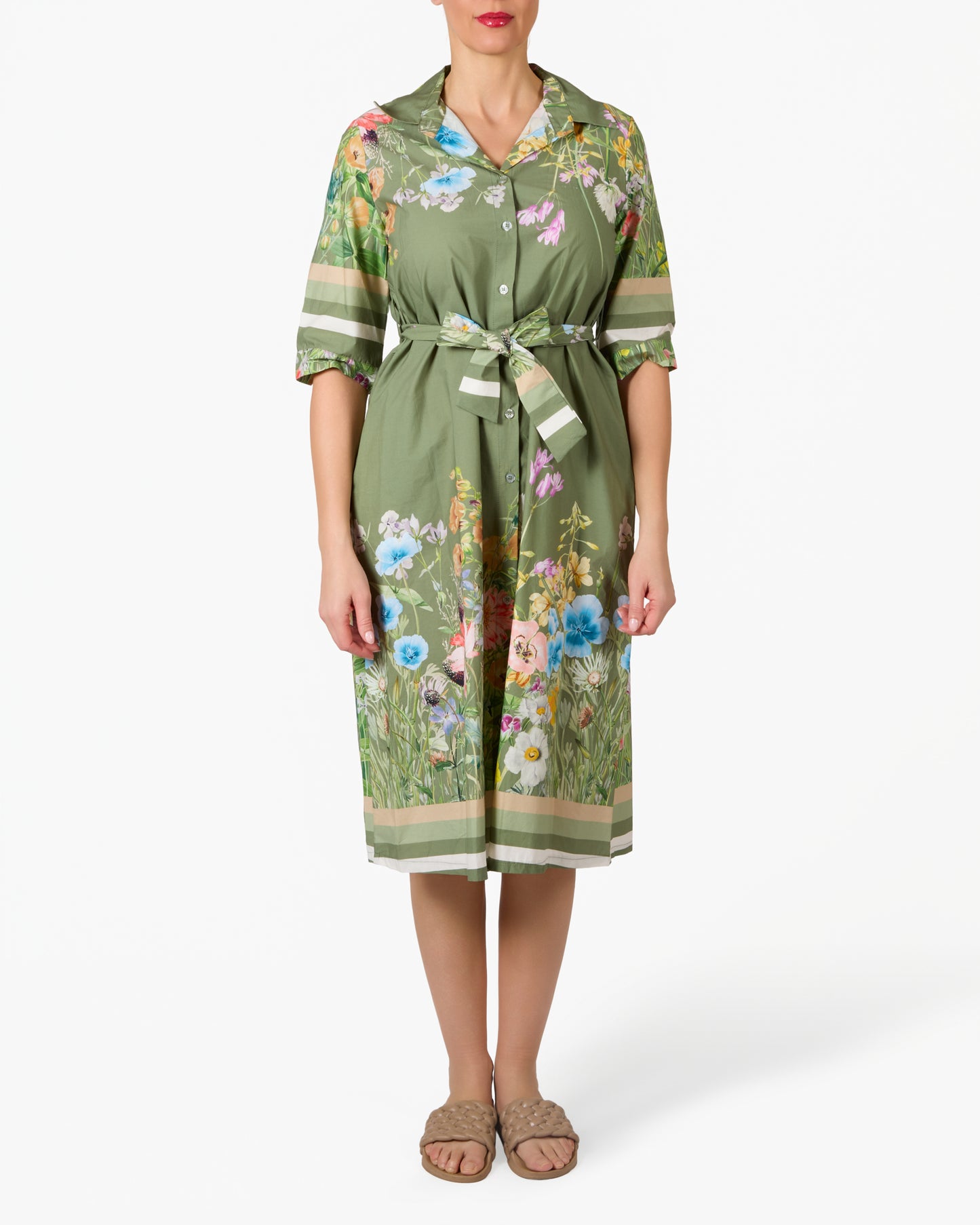 Robe kaki à manches 3/4 avec bordure florale et lien à l’avant
