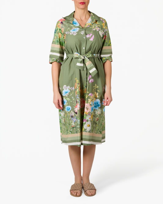 Robe kaki à manches 3/4 avec bordure florale et lien à l’avant