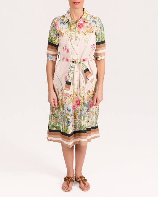 Robe champagne à manches 3/4 avec bordure florale et lien à l’avant