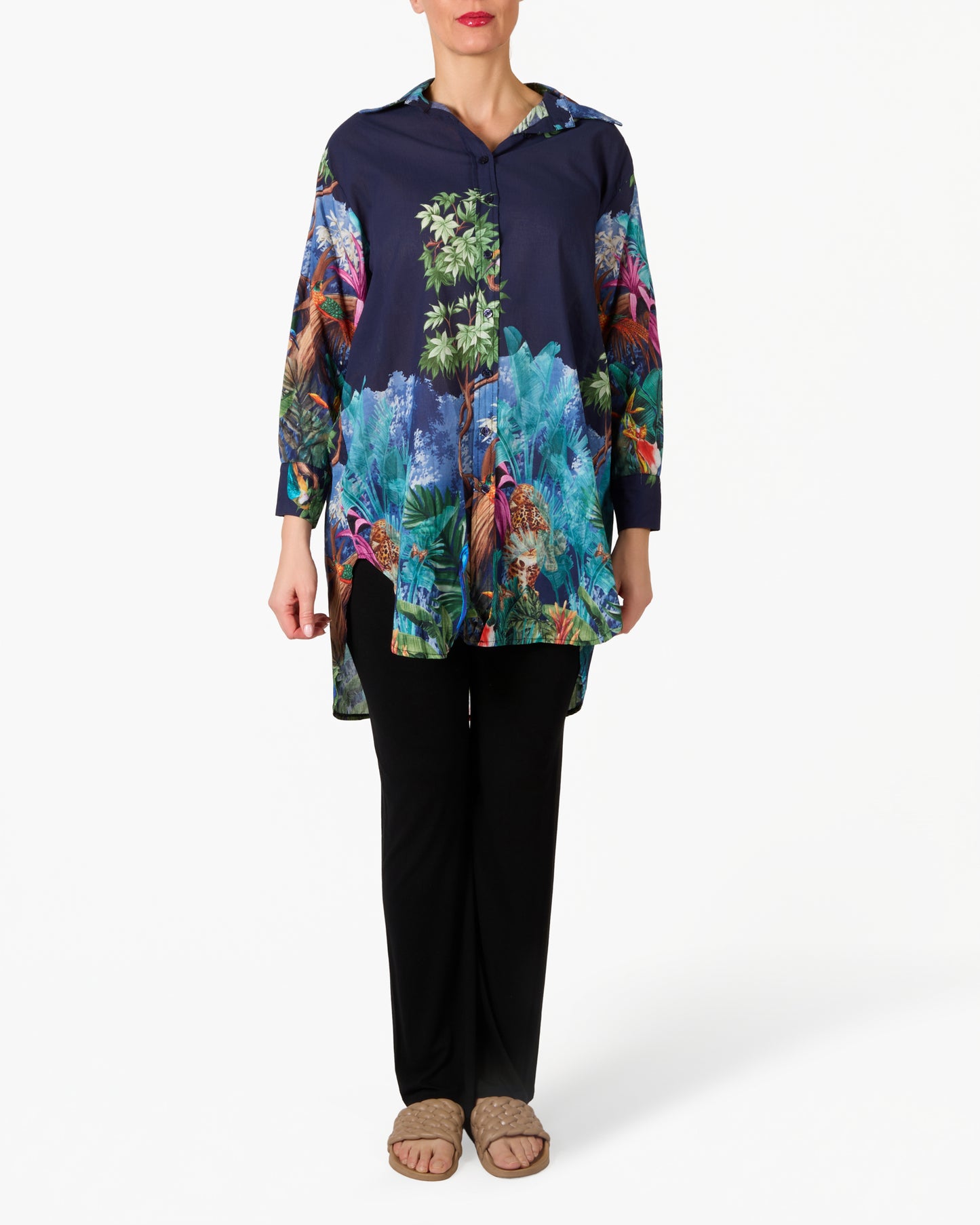 Blouse longue boutonnée à l’avant midnight imprimé jungle tropicale
