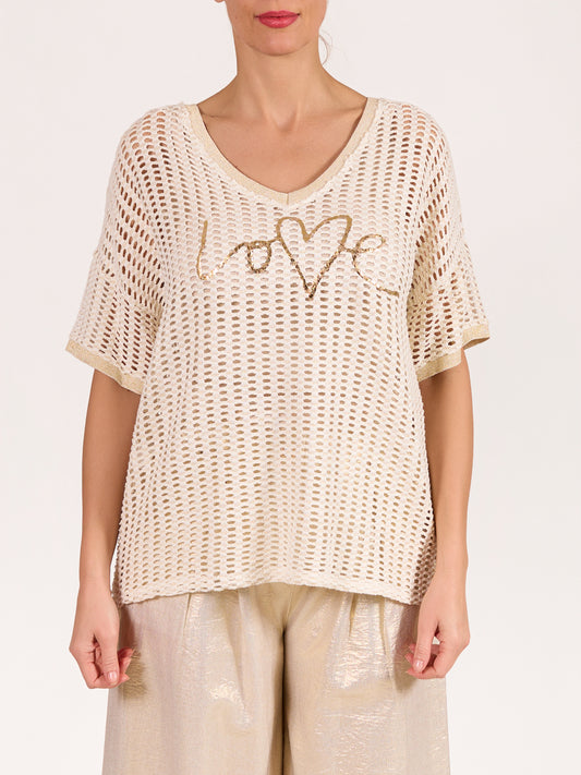 Haut champagne en tricot ample à manches courtes avec motif « LOVE »