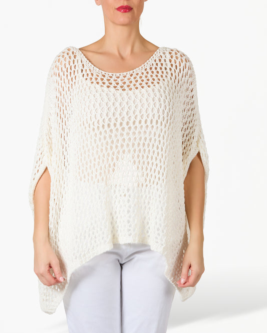 White Loose Knit Poncho Style Pullover