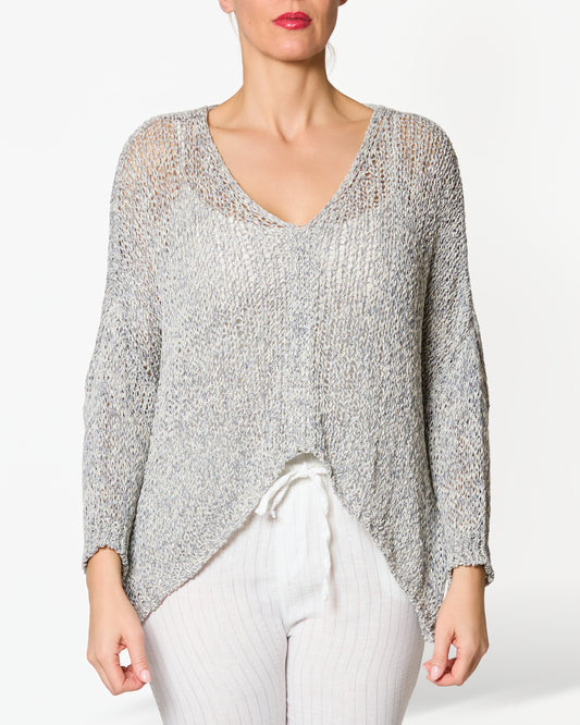 Pull en crochet à col en V bleu à épaules tombantes avec fil lurex