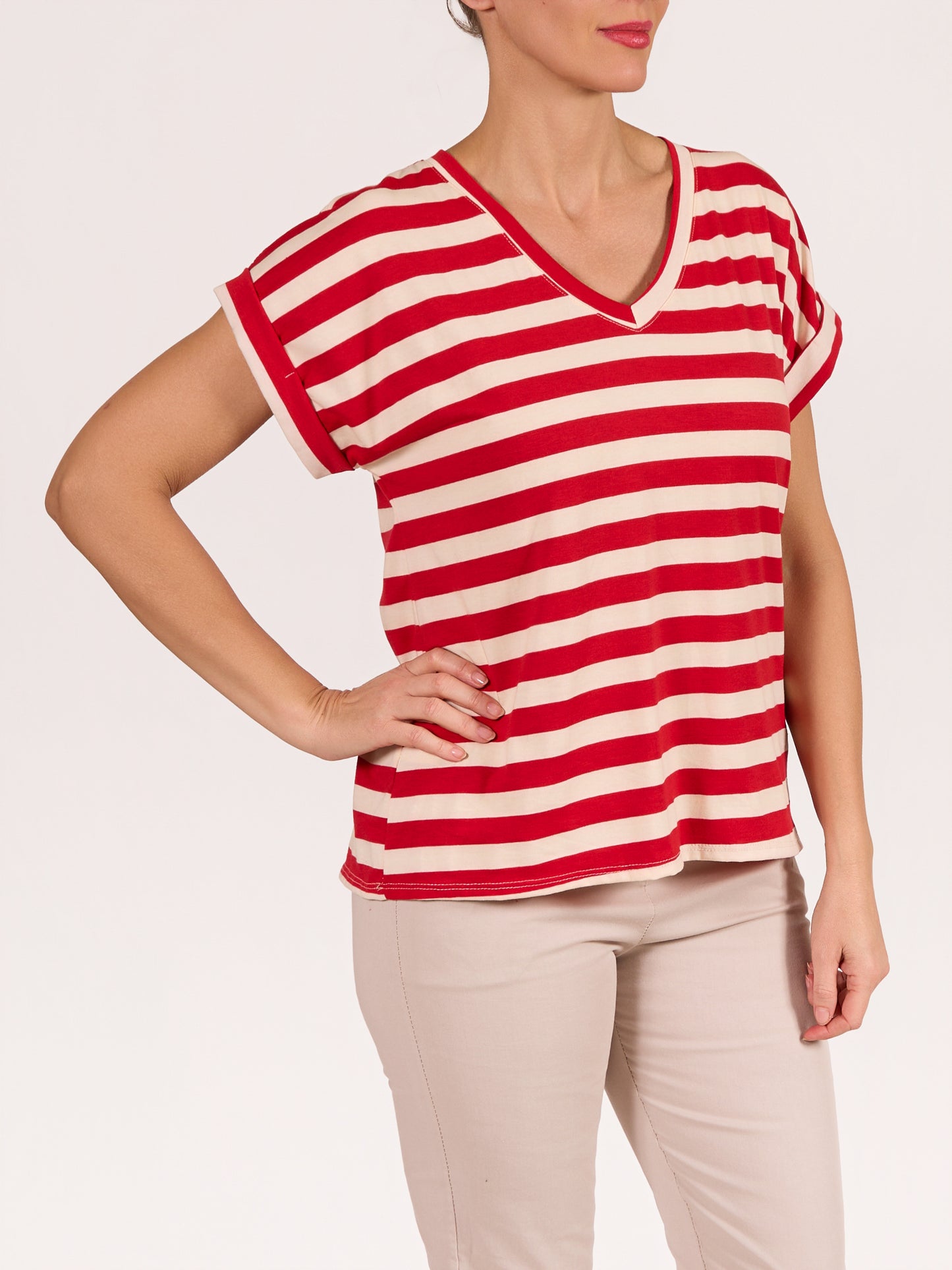 T-shirt rayé coupe décontractée rouge