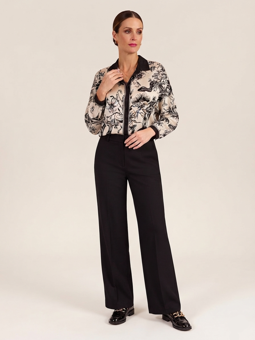 Ivory & Black Botanical Print Button Front Blouse