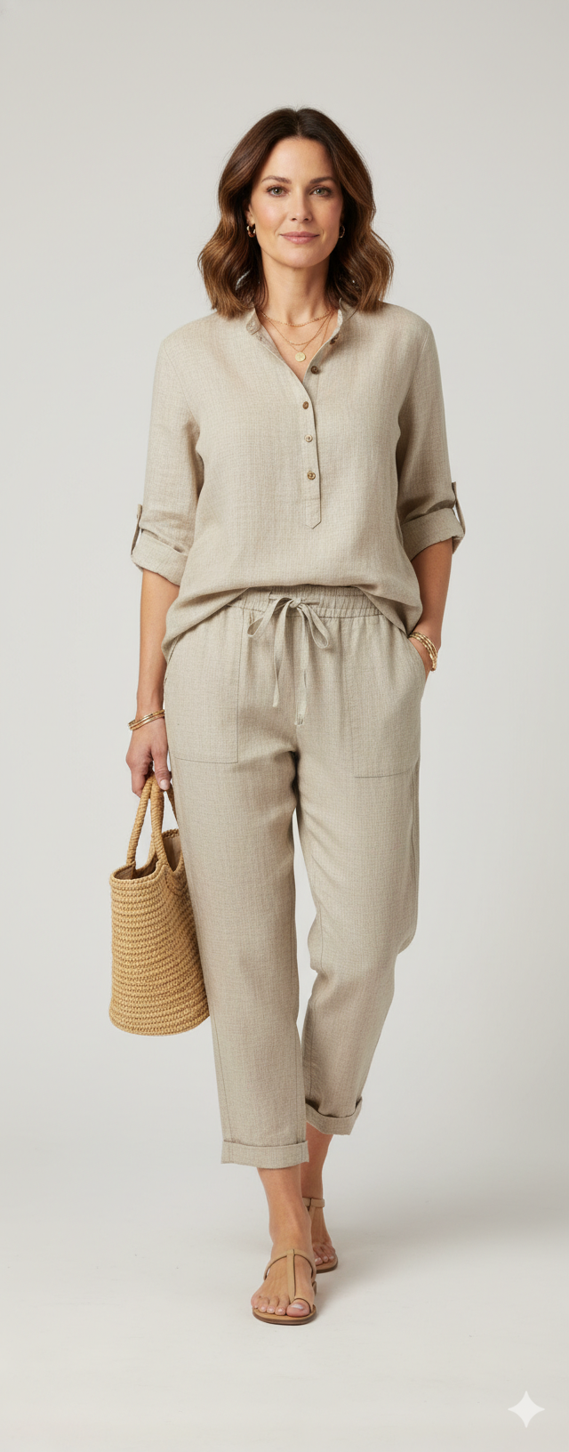 Chemise beige en mélange de lin à manches retroussables avec fil lurex