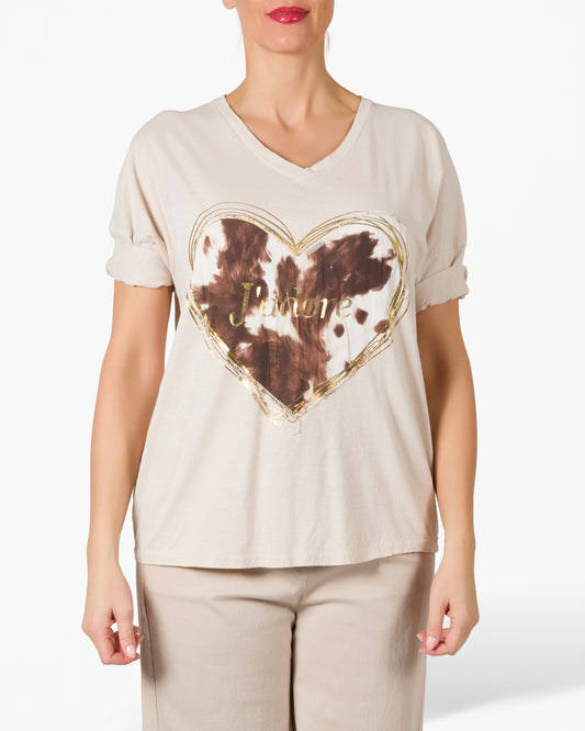 T-shirt beige avec imprimé doré et animal « J’adore »