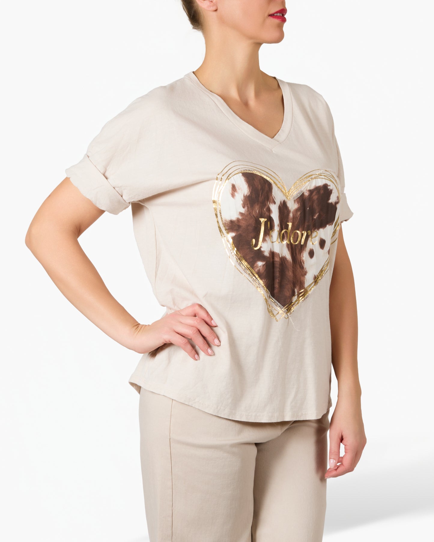 T-shirt beige avec imprimé doré et animal « J’adore »