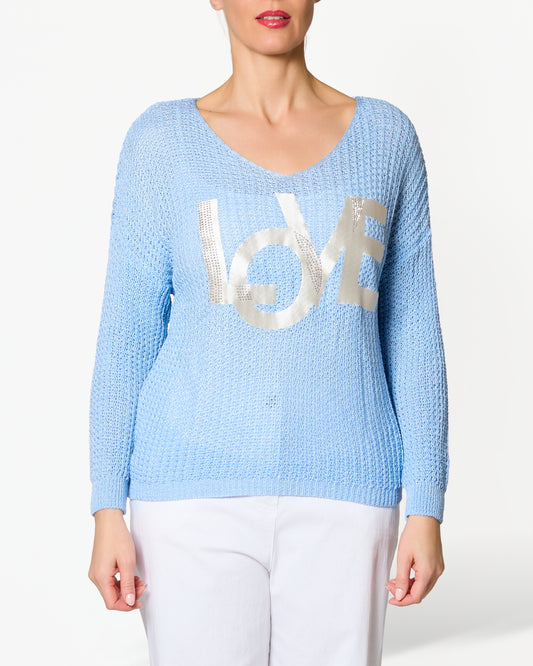 Pull bleu à encolure bateau et épaules tombantes LOVE