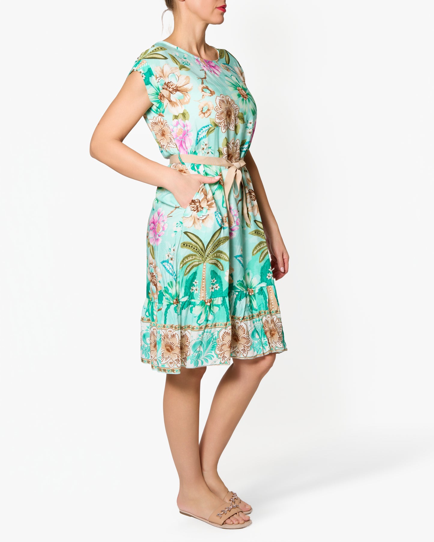Robe ceinturée imprimé plage tropicale vert d’eau