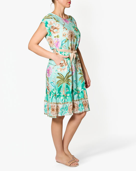 Robe ceinturée imprimé plage tropicale vert d’eau