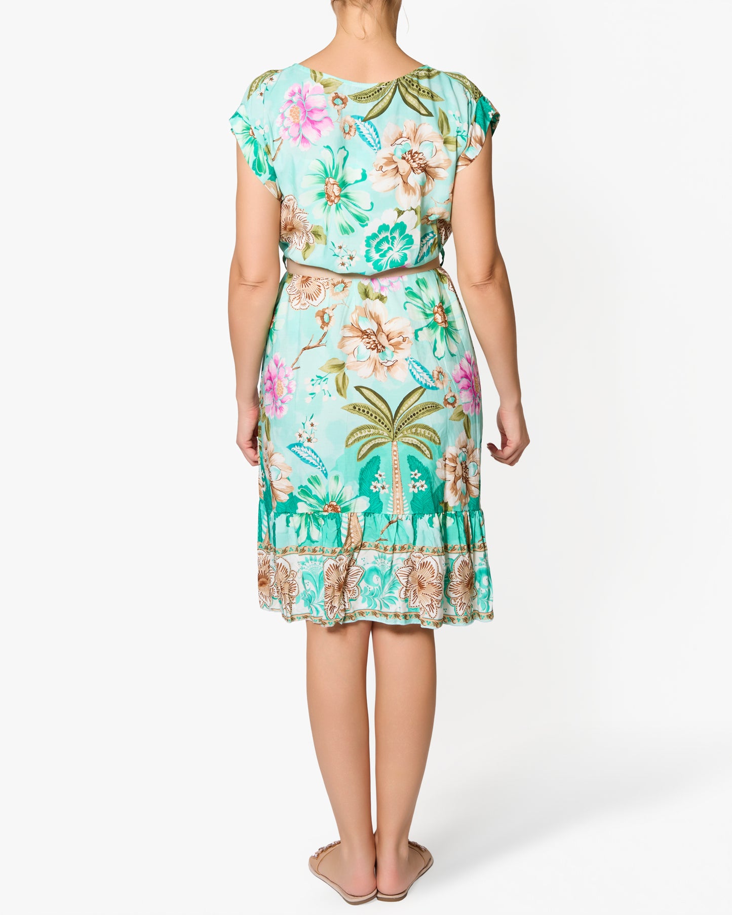 Robe ceinturée imprimé plage tropicale vert d’eau