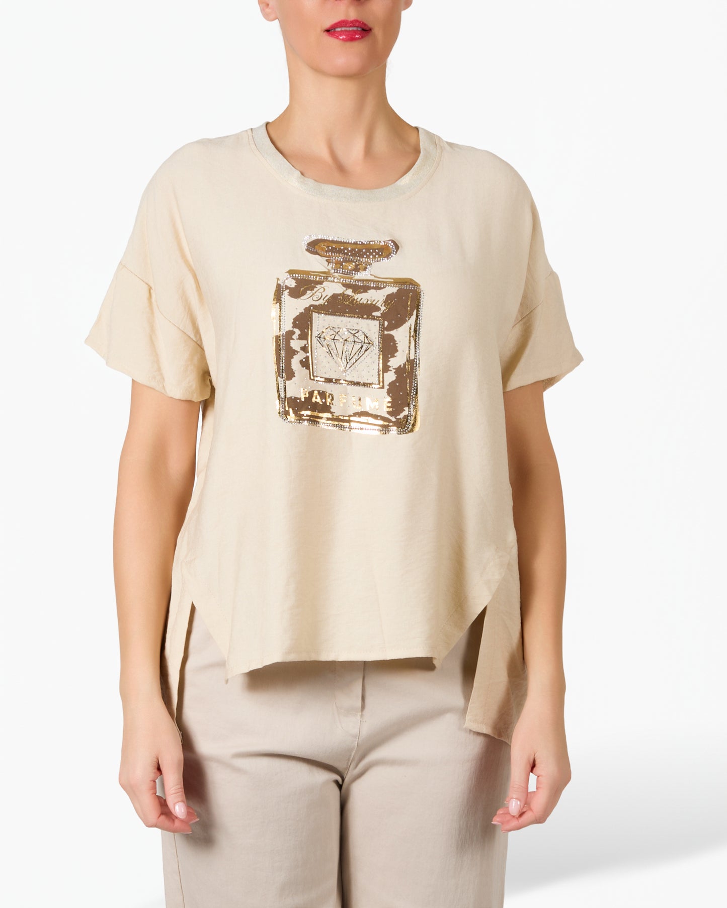 T-shirt graphique beige imprimé animal et parfum doré