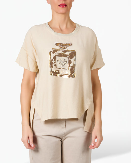 T-shirt graphique beige imprimé animal et parfum doré